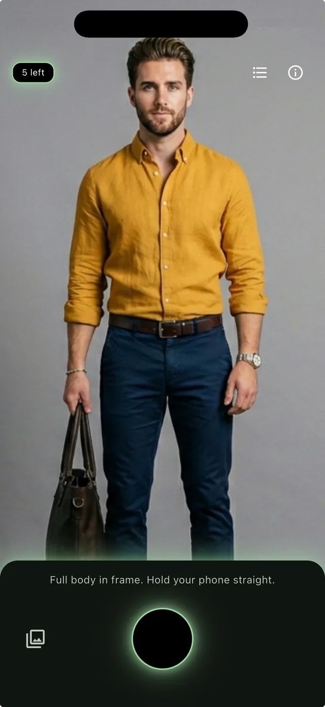 The Outfit Check camera, with a mustard shirt and navy trousers framed full-body and the remaining checks shown in the corner