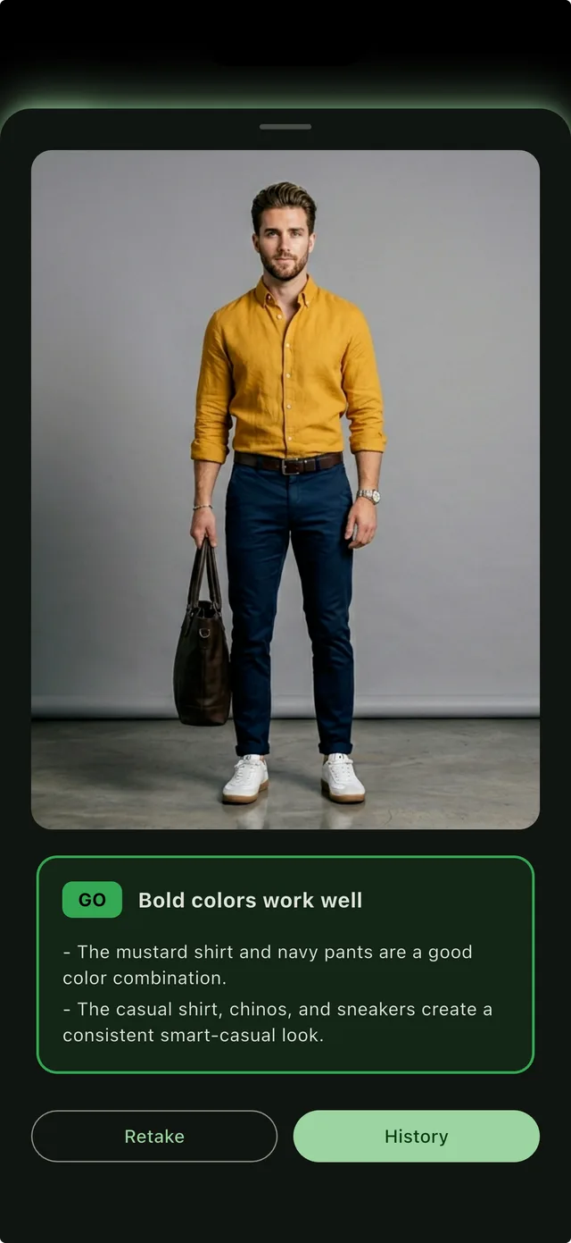 A GO verdict reading "Bold colours work well", with reasons about the mustard and navy pairing and the smart-casual level