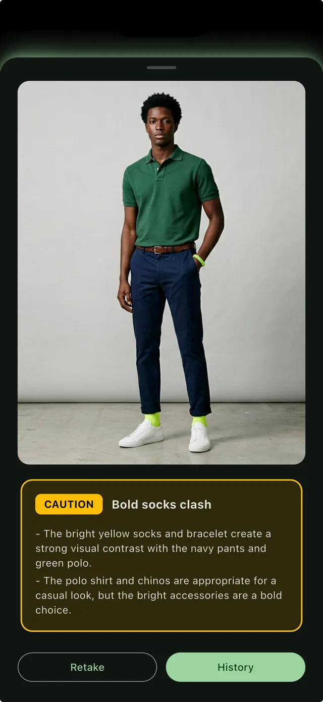 A RETHINK verdict reading "Formal jacket with joggers clash", explaining the mismatch in formality